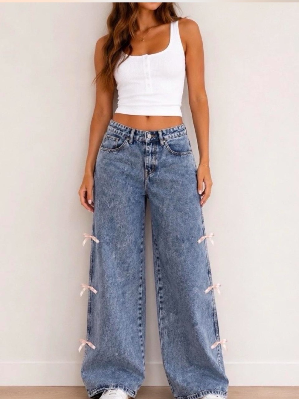 Rise Mid Rise Wide Leg Jeans Pink Bow Coquette Vintage Wash Sz 9